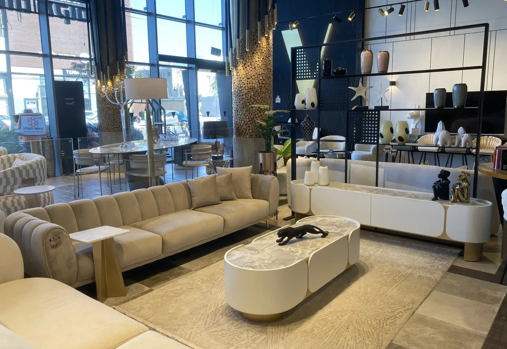 Cancun long low cream media console with gold feet, view 6