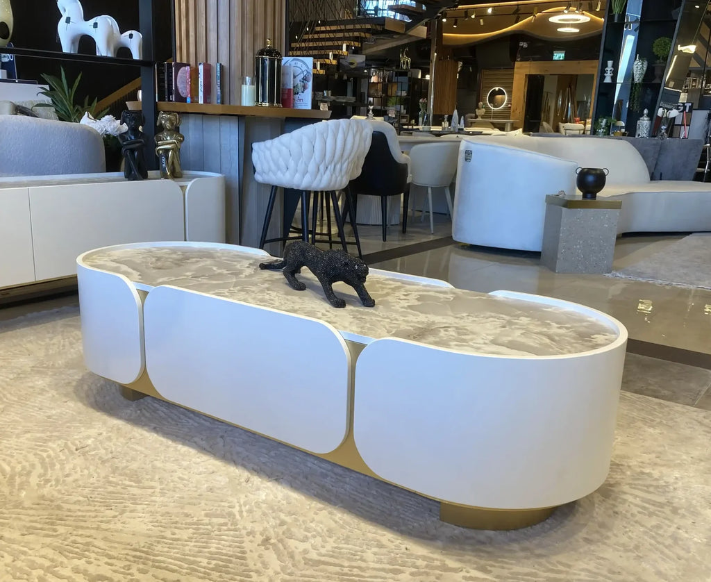 Cancun oval cream coffee table with stone top and gold feet, view 3