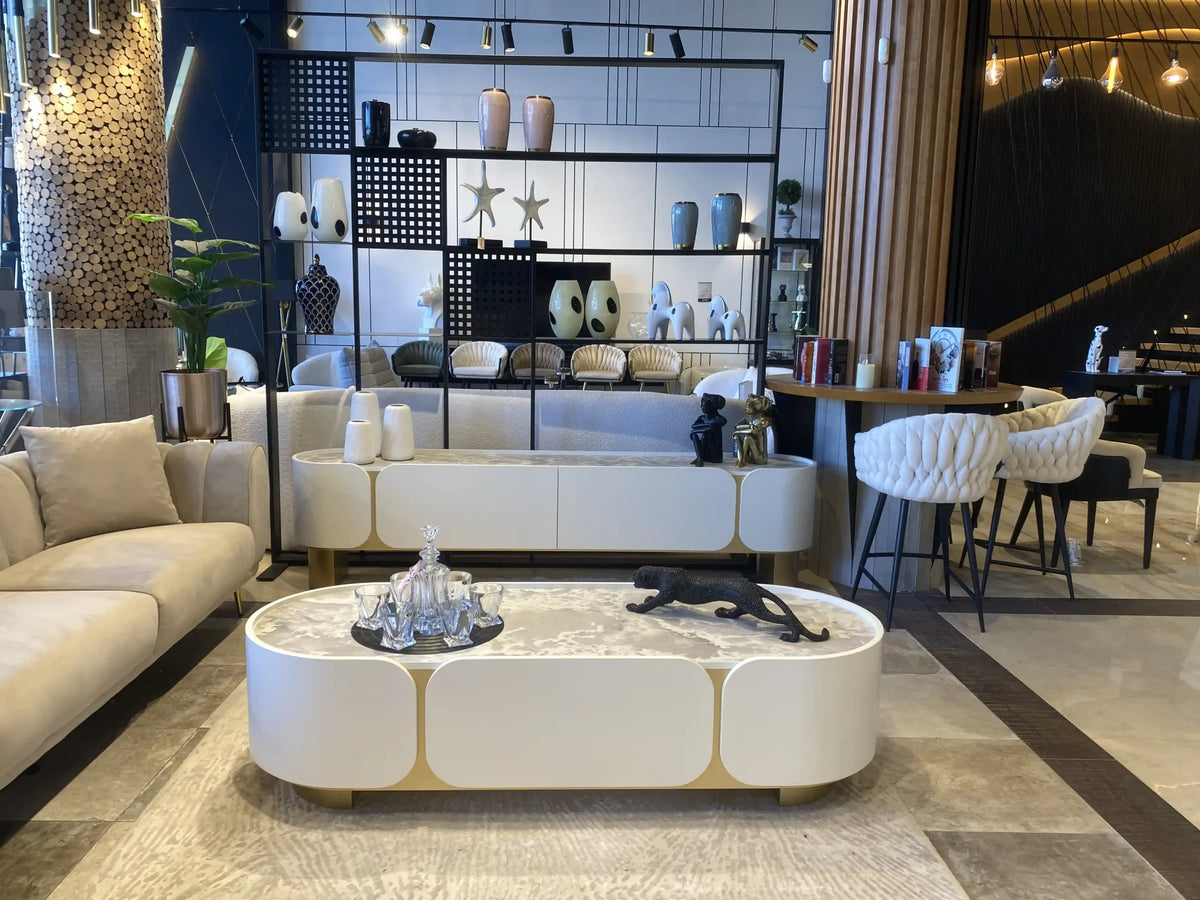 Cancun cream media console and oval coffee table set with gold feet, view 5