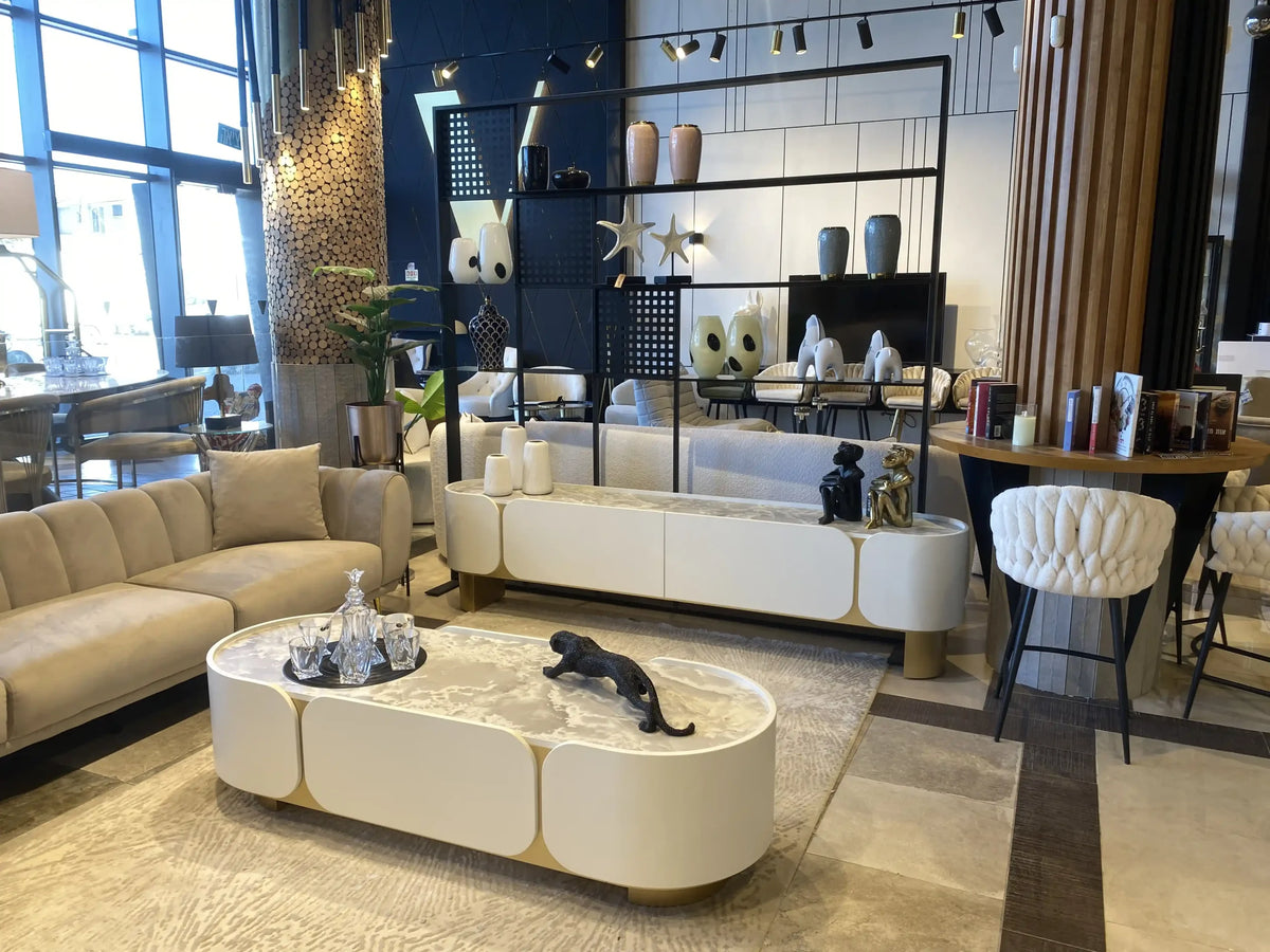 Cancun cream media console and oval coffee table set with gold feet, view 6
