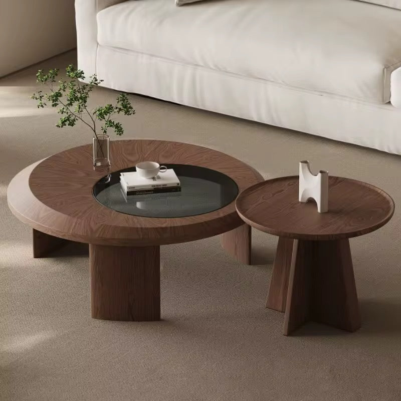 Libra round walnut coffee table with smoked glass inset and companion table, view 2