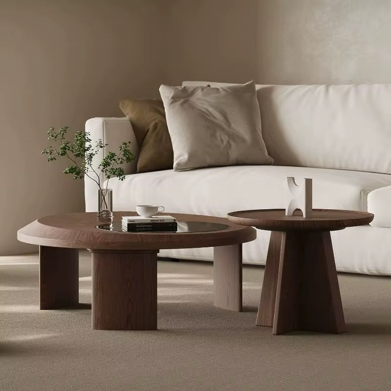 Libra round walnut coffee table with smoked glass inset and companion table, view 5