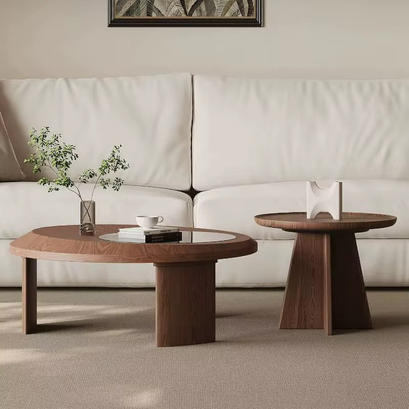 Libra round walnut coffee table with smoked glass inset and companion table, view 4
