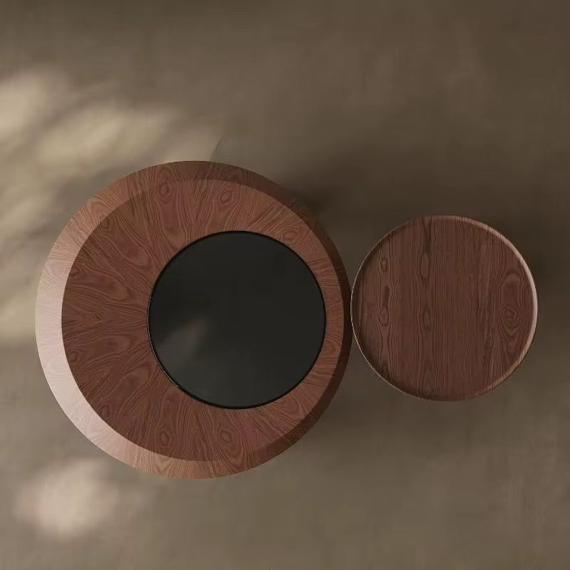 Libra round walnut coffee table with smoked glass inset and companion table, view 3