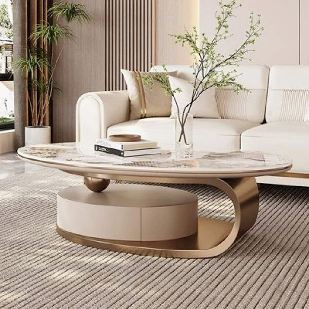 Golden oval porcelain coffee table on sweeping rose gold base with drawer, view 2