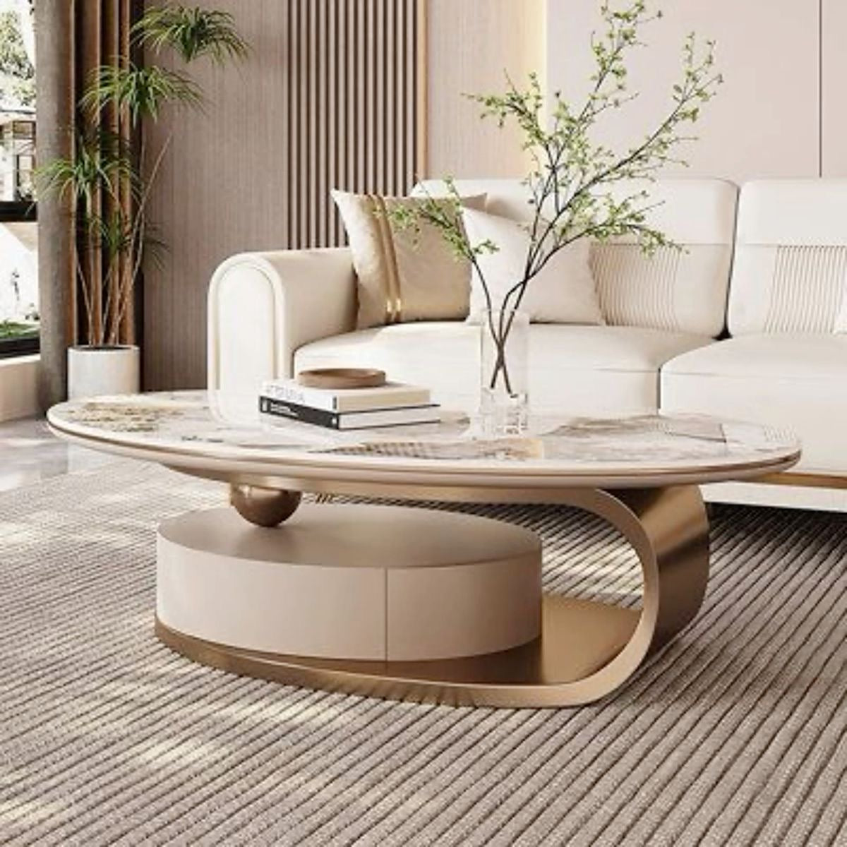 Golden oval porcelain coffee table on sweeping rose gold base with drawer, view 2