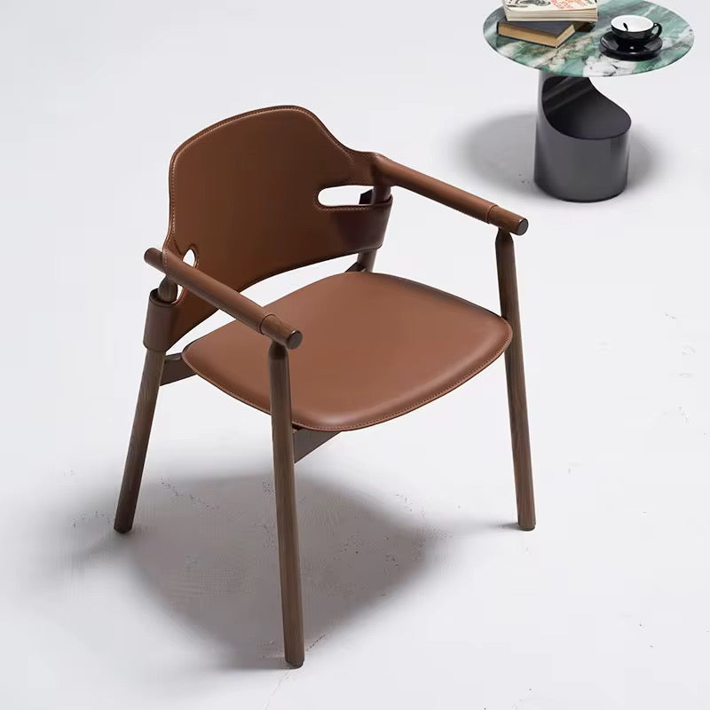 Emma dark wood dining armchair with light vegan leather upholstery, view 4