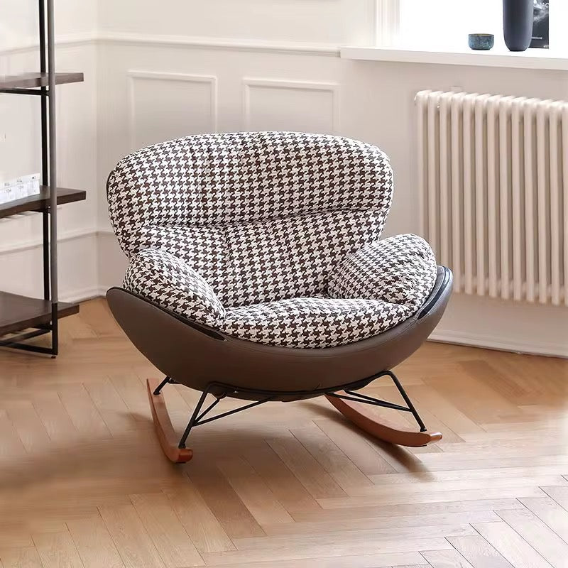 Marbella rocking lounge chair with houndstooth cushions and dark shell, view 2