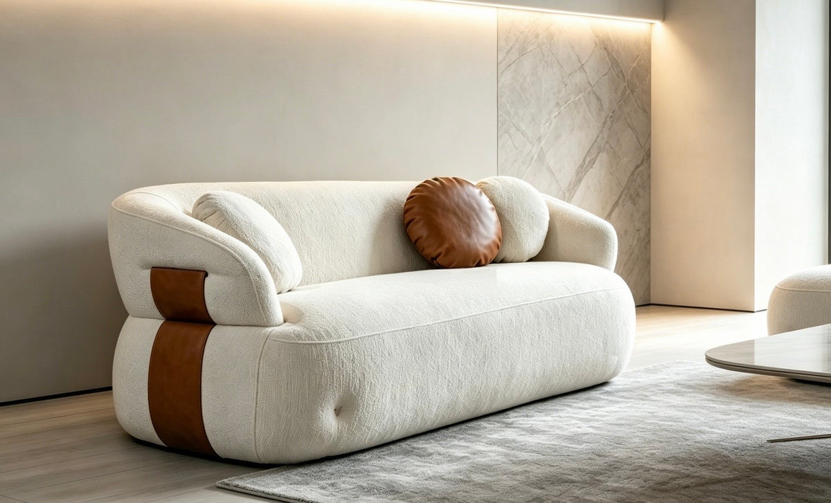 Mila 76 inch curved sofa with round bolsters in woven fabric, view 4
