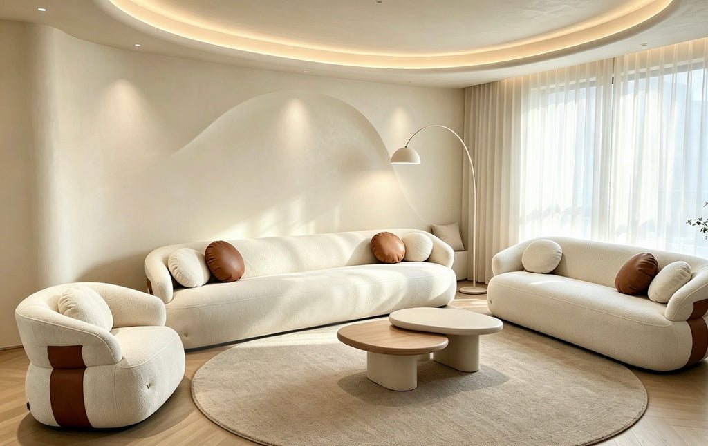 Mila 76 inch curved sofa with round bolsters in woven fabric, view 3