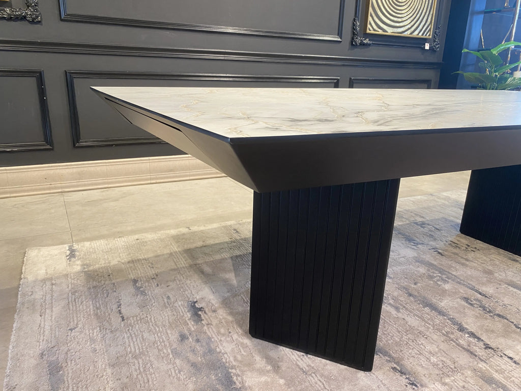 Paris marble look dining table on dark fluted legs, view 5