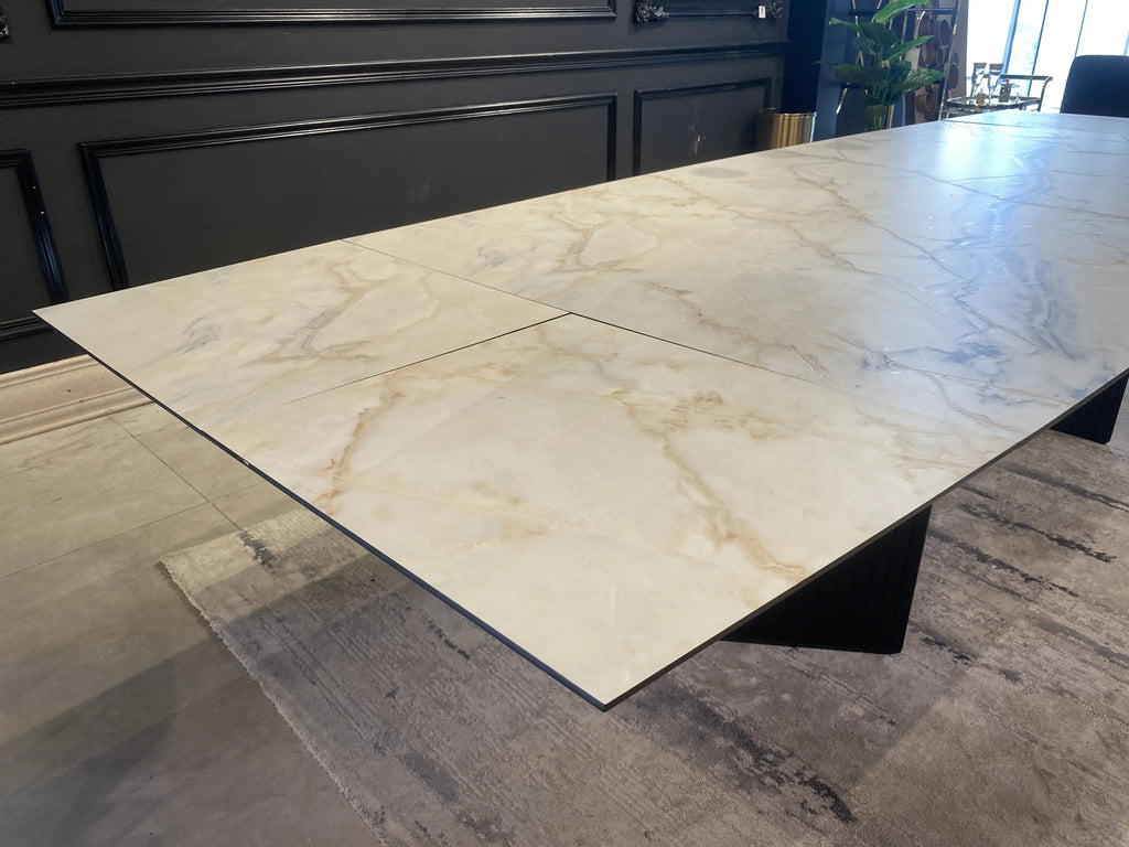 Paris marble look dining table on dark fluted legs, view 9