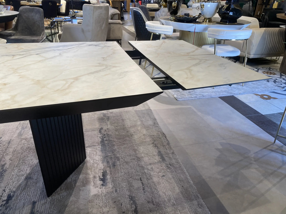 Paris marble look dining table on dark fluted legs, view 8