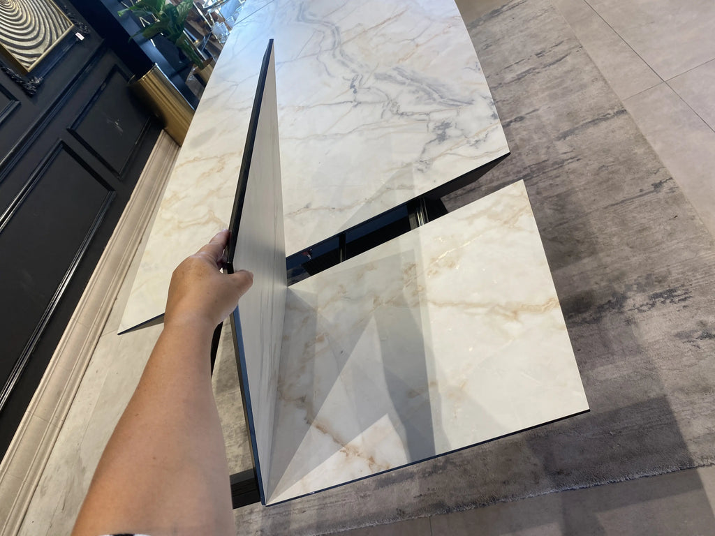 Paris marble look dining table on dark fluted legs, view 7