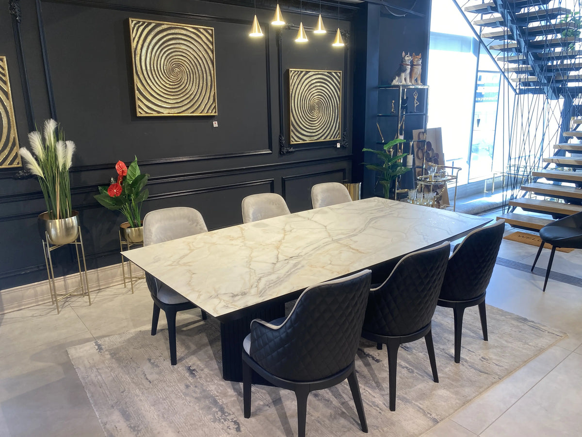 Paris marble look dining table on dark fluted legs, view 3