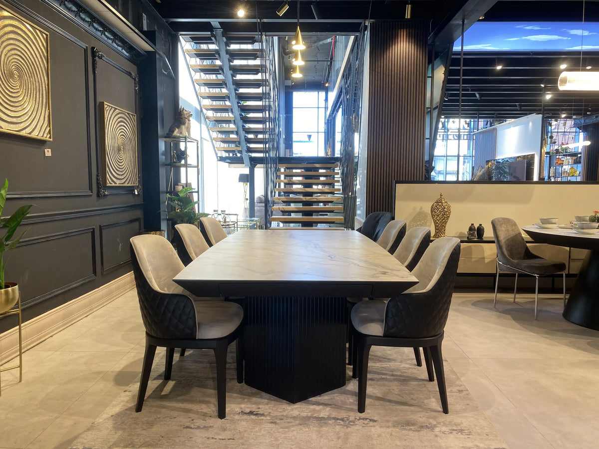 Paris marble look dining table on dark fluted legs, view 4