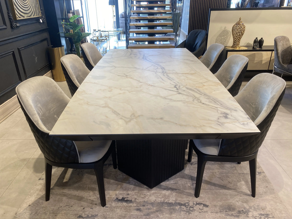 Paris marble look dining table on dark fluted legs, view 2