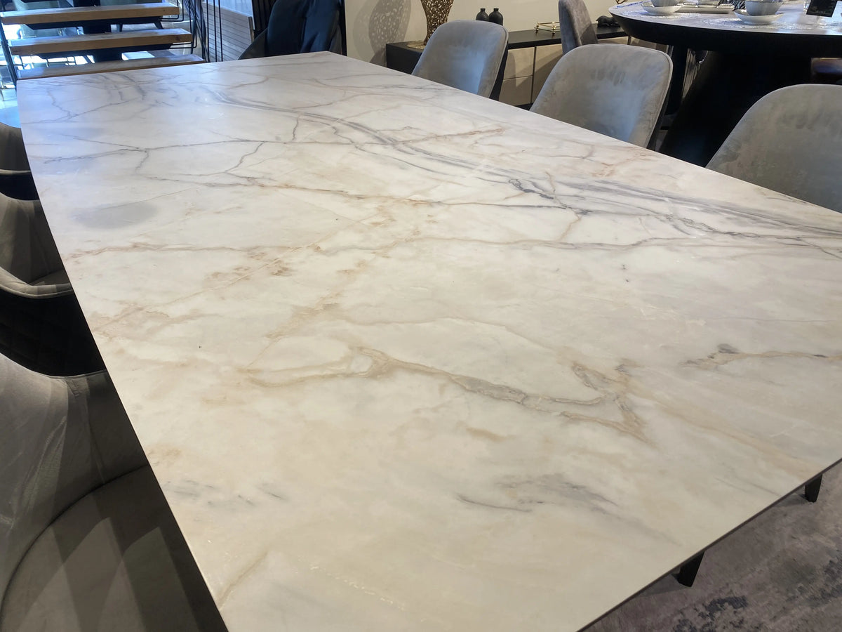 Paris marble look dining table on dark fluted legs, view 11