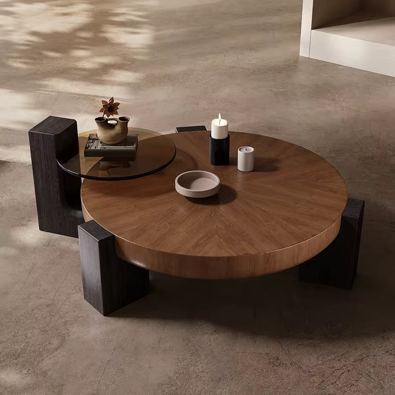 Indonesia round walnut coffee table on dark block legs with side table, view 3