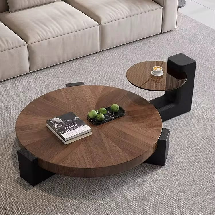 Indonesia round walnut coffee table on dark block legs with side table, view 2
