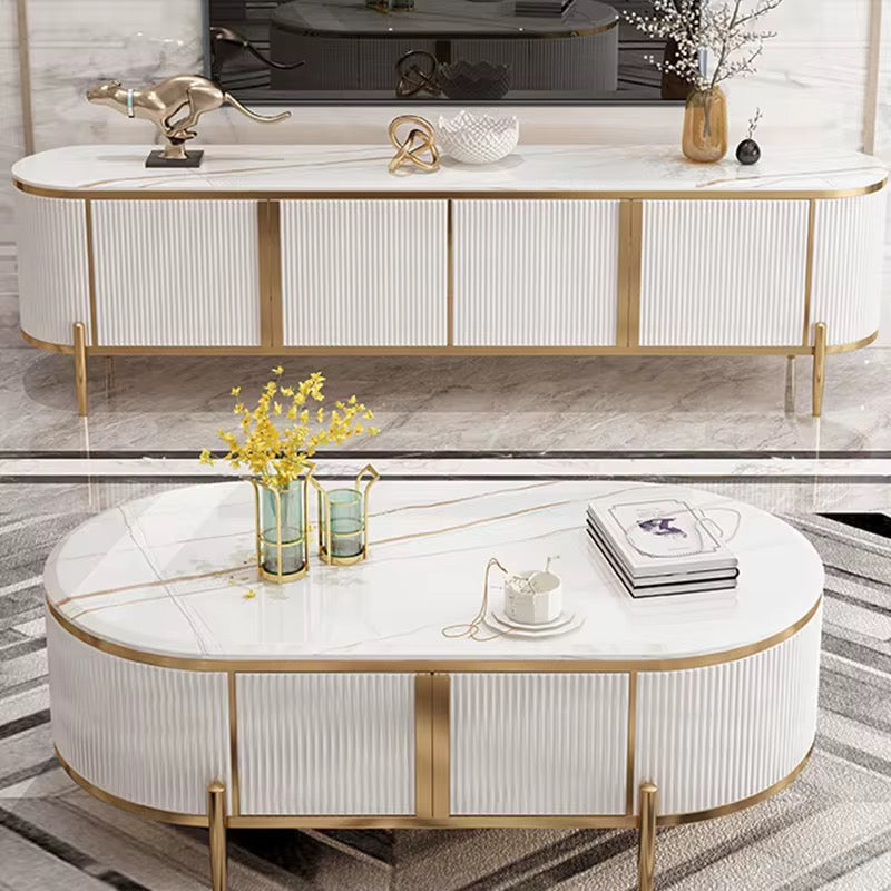 On fluted ivory sideboard and oval coffee table set with gold trim, view 2