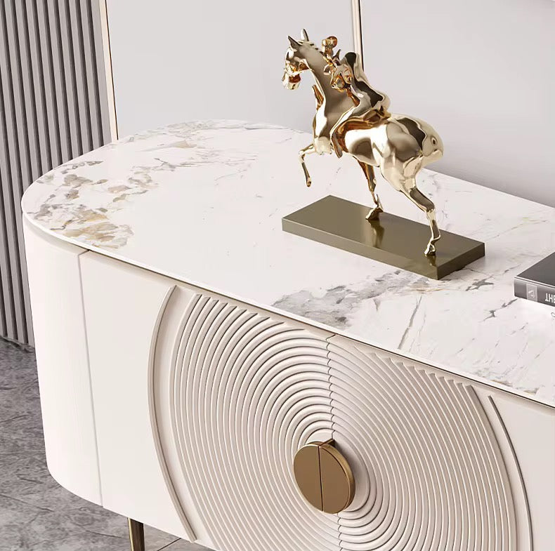 Circles ivory media console with concentric circle doors and brass pulls, view 2
