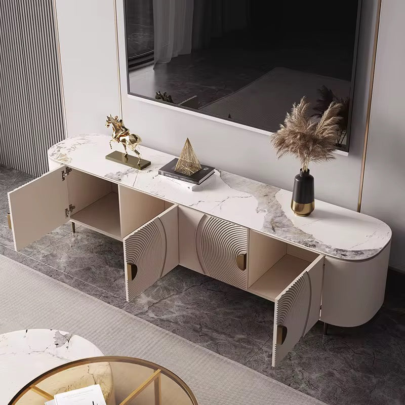 Circles ivory media console with concentric circle doors and brass pulls, view 3