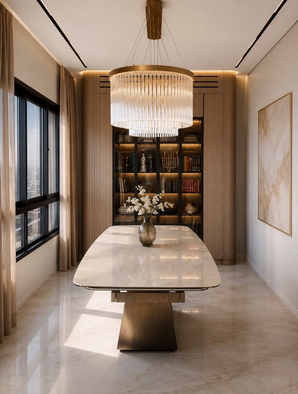 Infinity marble look porcelain dining table on looping base, view 5