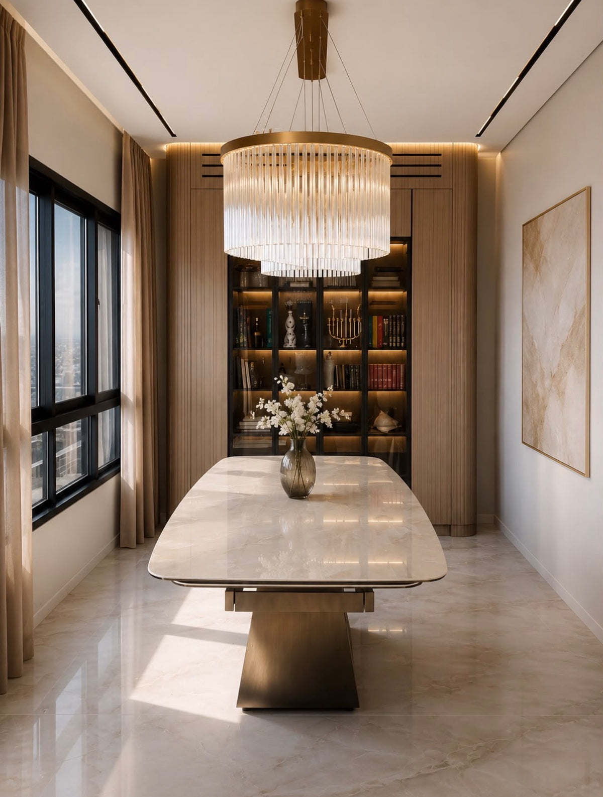 Infinity marble look porcelain dining table on looping base, view 5