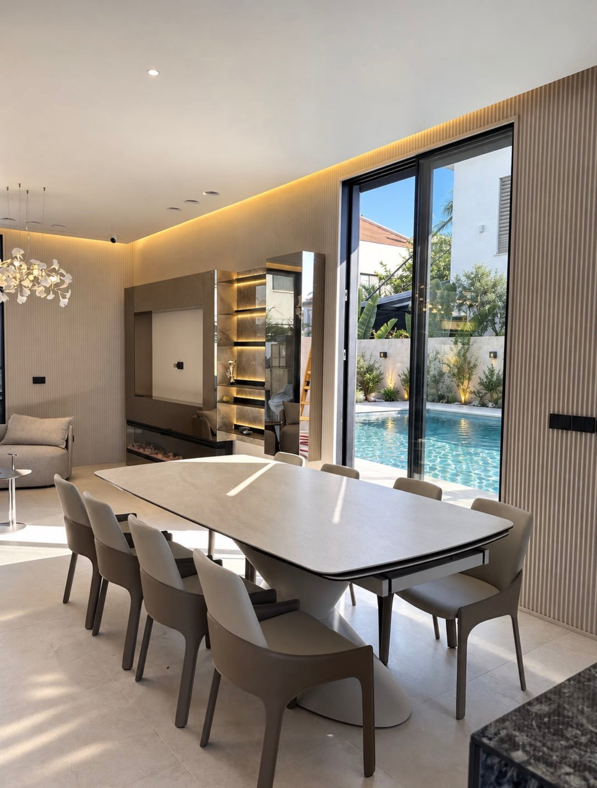 Tornado extendable travertine-look dining table on sculptural base, view 3
