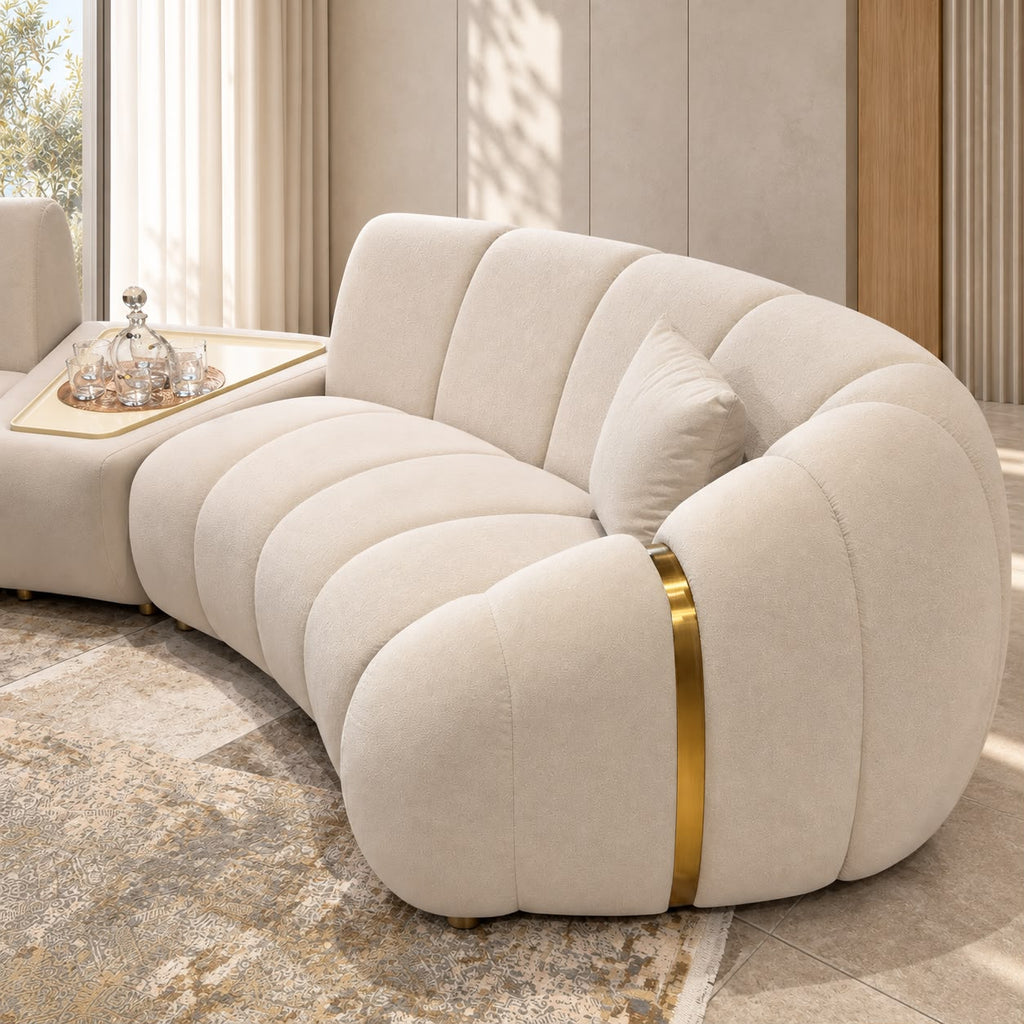 Calimero curved sectional sofa with built-in center table and gold accents, view 4