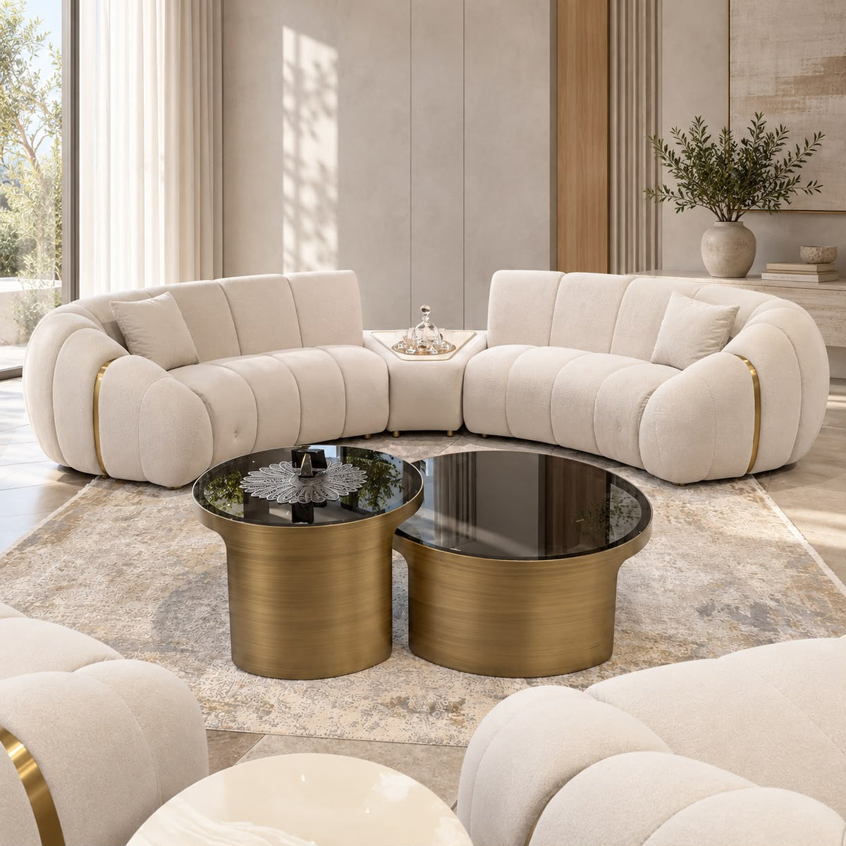 Calimero curved sectional sofa with built-in center table and gold accents, view 2
