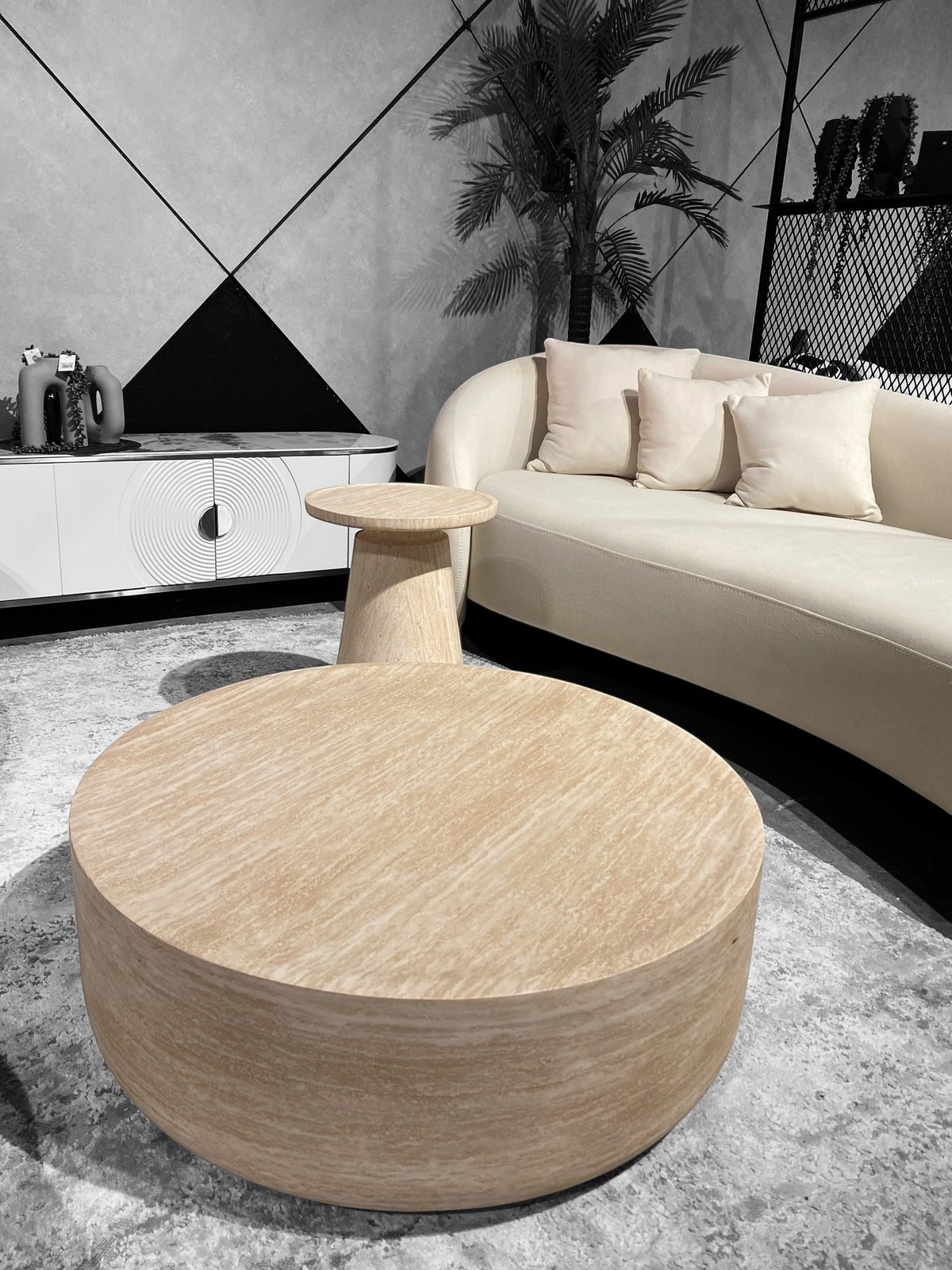Ohio round travertine drum coffee table, view 2
