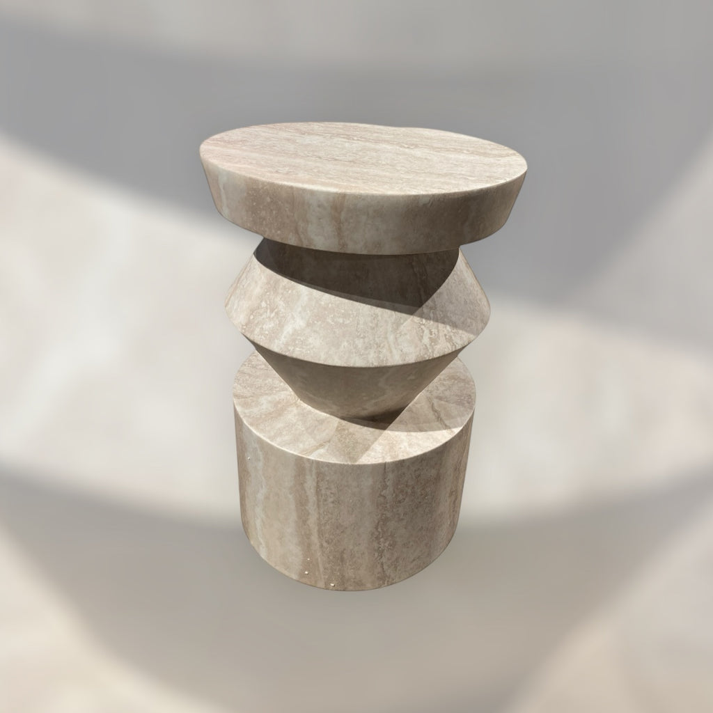 Shen stacked travertine sculptural side table, view 2