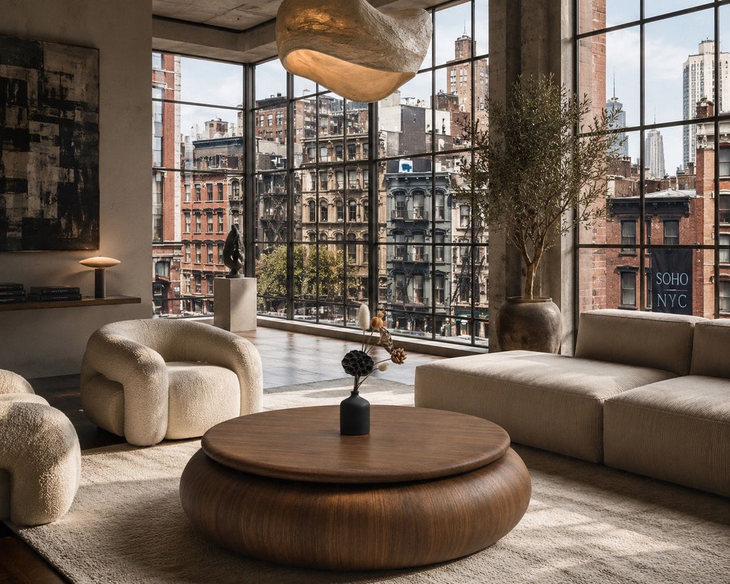 SOHO round sculptural walnut coffee table, view 2