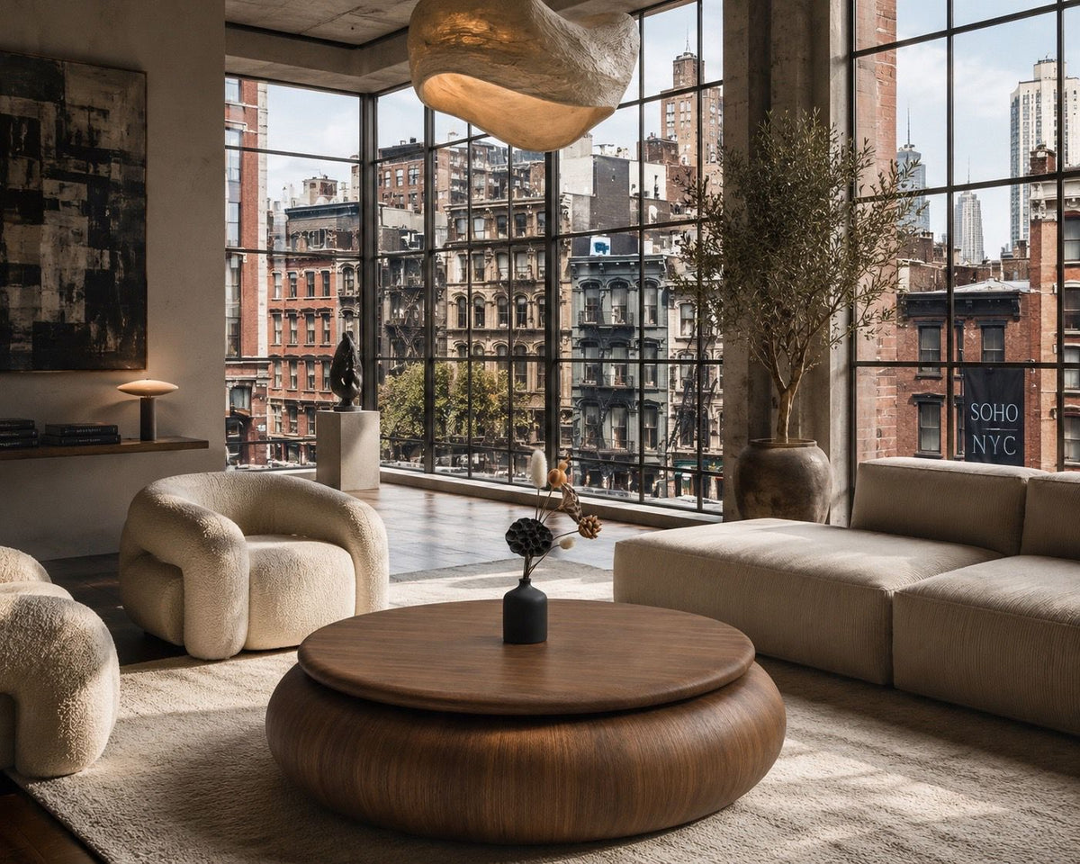SOHO round sculptural walnut coffee table, view 2