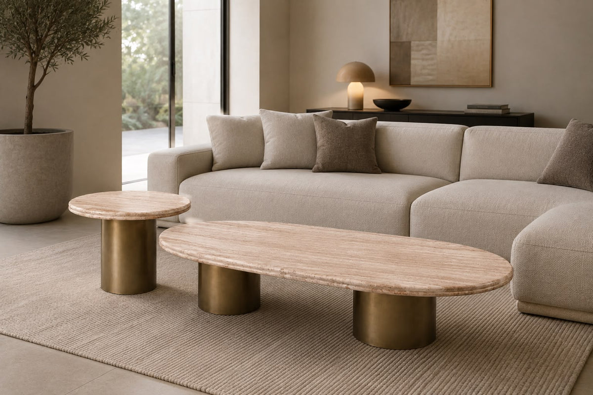 Sorrento travertine oval coffee table and round side table on gold cylinder bases, view 2