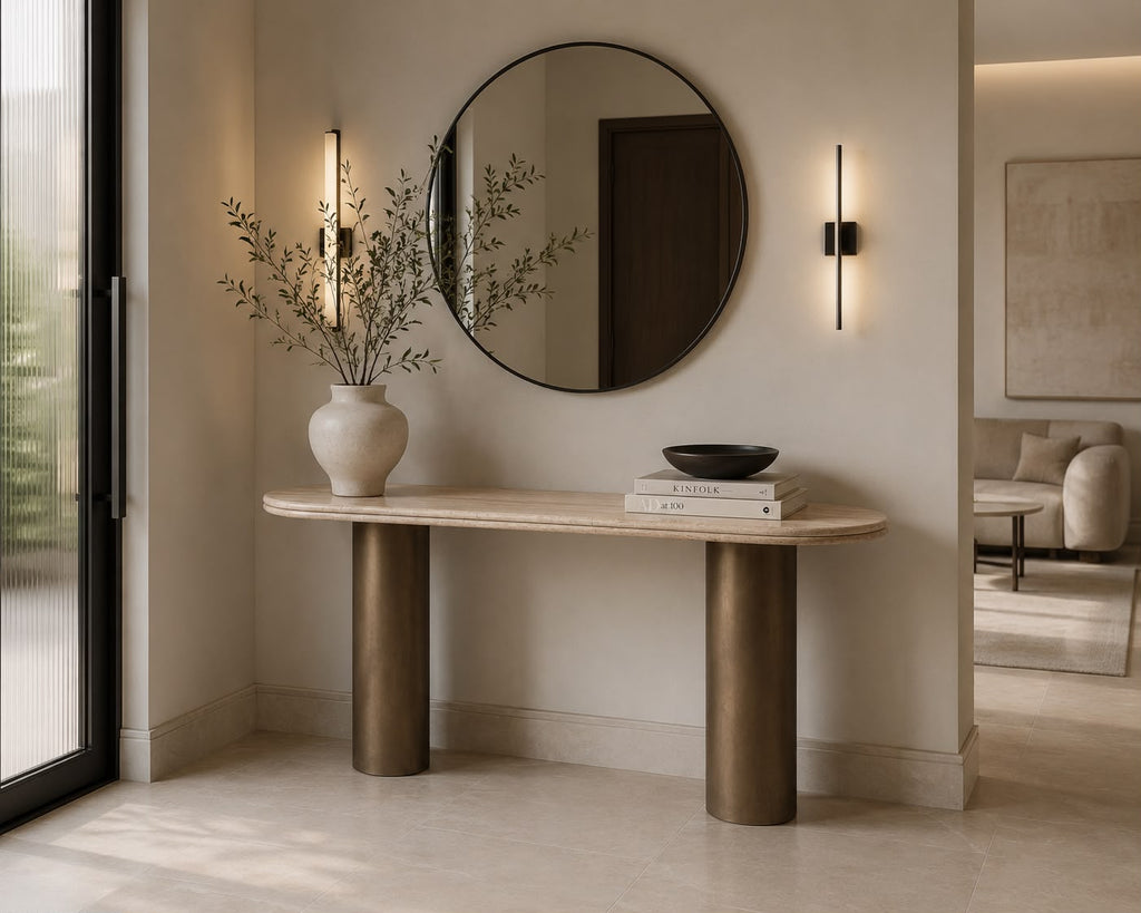 Sorrento console table with light stone-tone top on two bronze cylinder bases, view 2