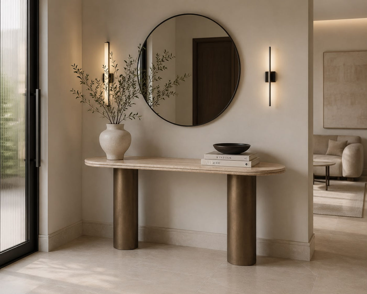 Sorrento console table with light stone-tone top on two bronze cylinder bases, view 2