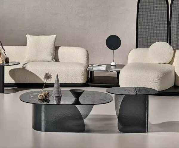 Amber sculptural all-glass coffee tables with textured amber bases, view 2