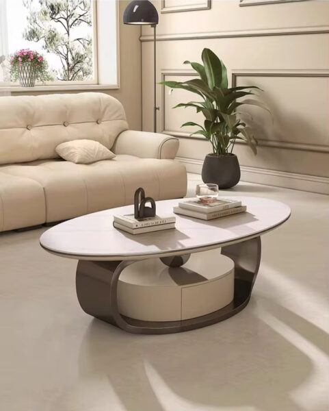 Ball oval marble look coffee table with bronze loop frame and storage drum, view 5