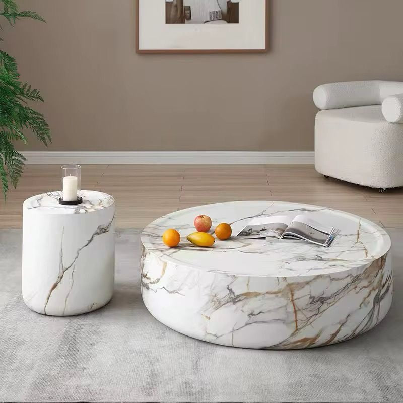 Madrid round white marble look drum coffee table and side table, view 3
